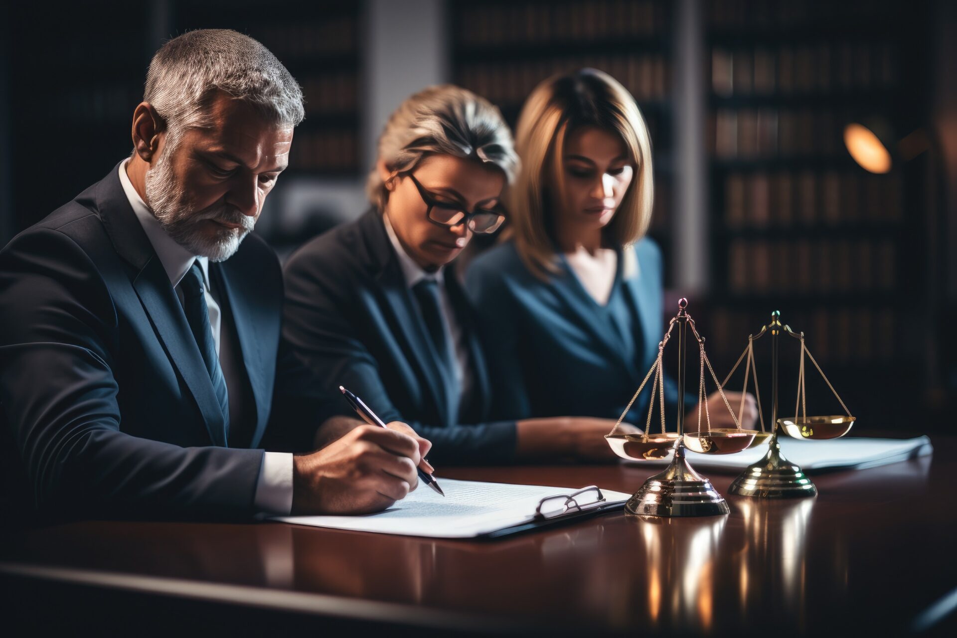 a lawyer and two attorneys signing up terms of agreement on a desk